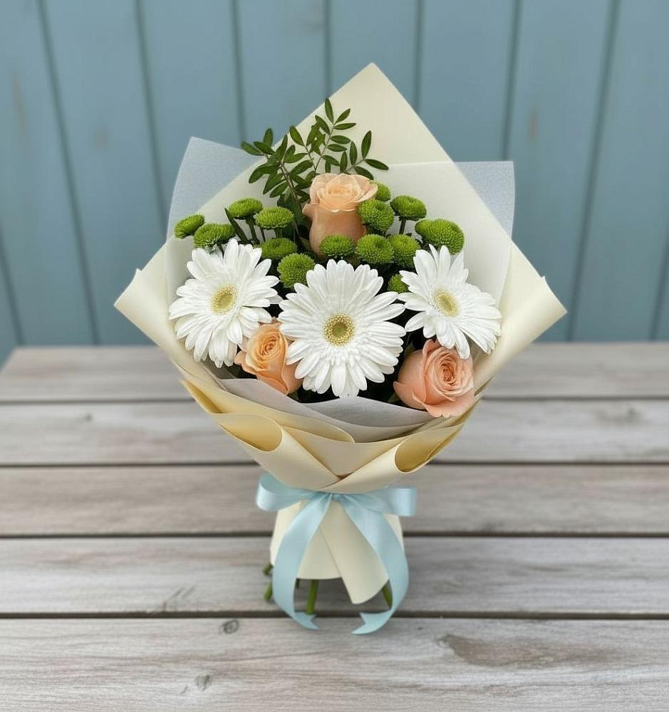 Букет герберы и розы в Наурской Букет цветов из: Герберы, Розы и Хризантемы в Наурской