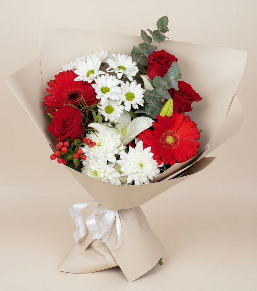 Букет поцелуй лета в Наурской Букет цветов из: Розы, Хризантемы, Герберы и Лилии в Наурской