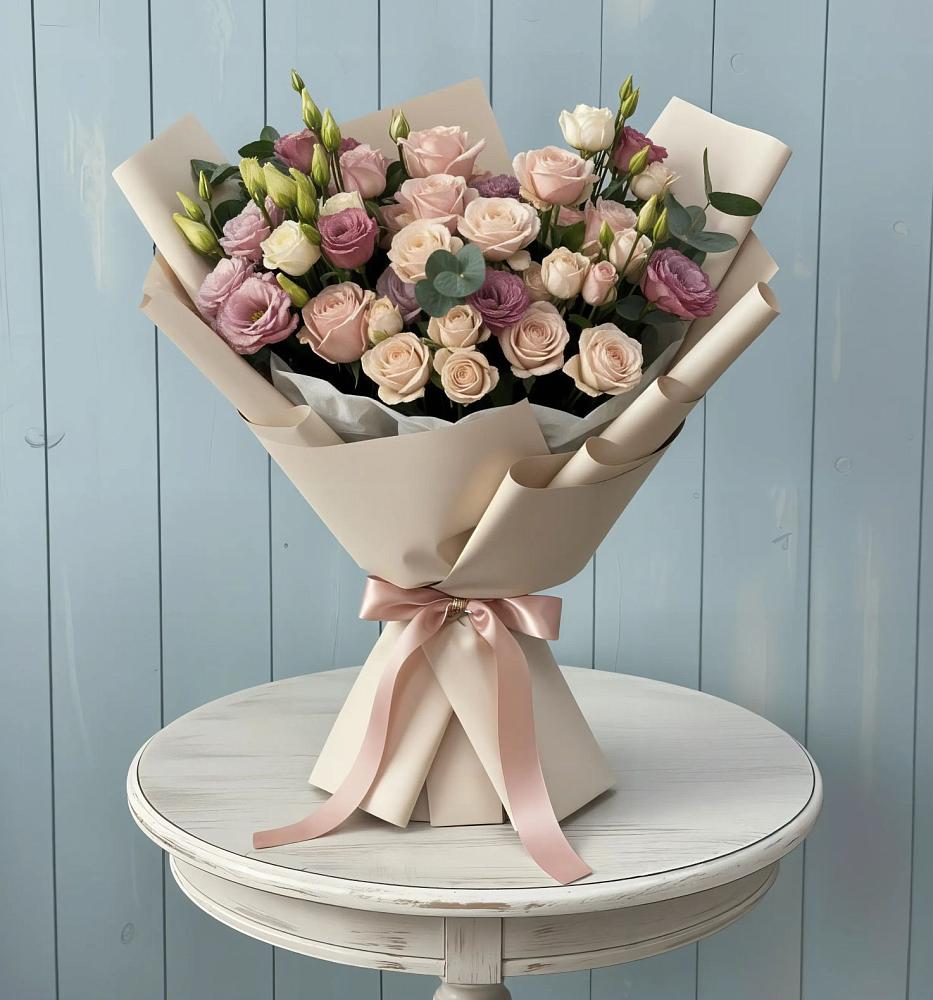 Букет бодрость в Наурской Букет цветов из: Розы и Лизиантусы в Наурской