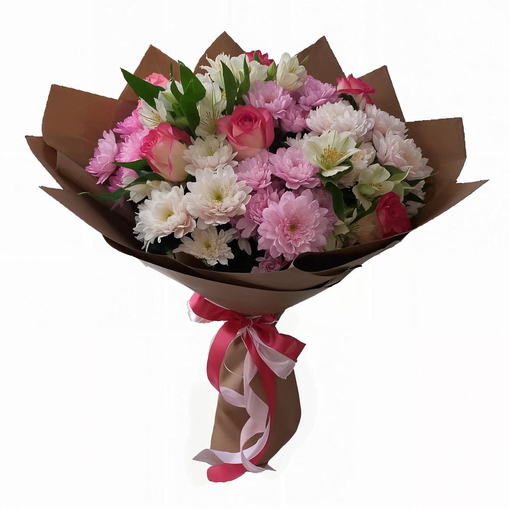 Букет Розовое очарование в Наурской Букет цветов из: Хризантемы, Альстромерии и Розы в Наурской