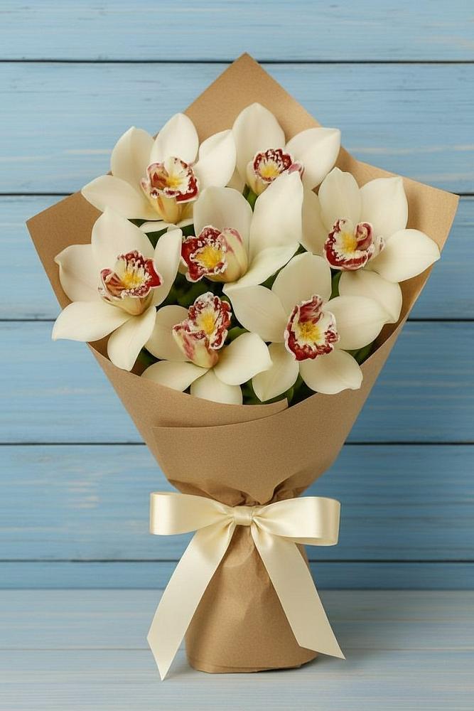 Букет 7 белых орхидей в Наурской Букет цветов из: Орхидеи и Розы в Наурской